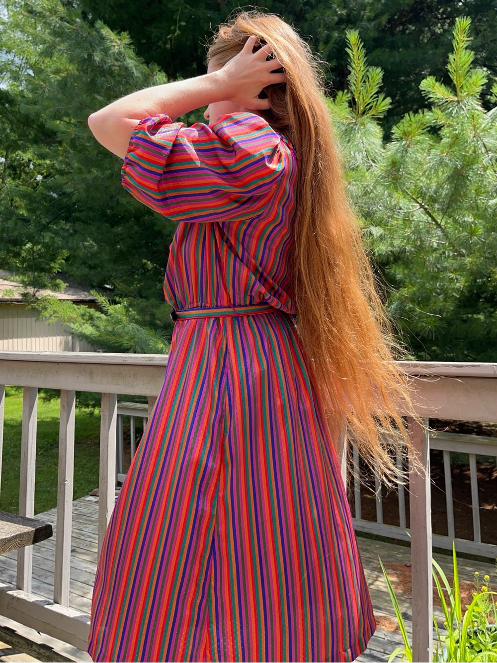 70s Sears Colorful Striped Circus Clown Ruffle Collar Midi Dress Size 14 Retro - Picture 9 of 16
